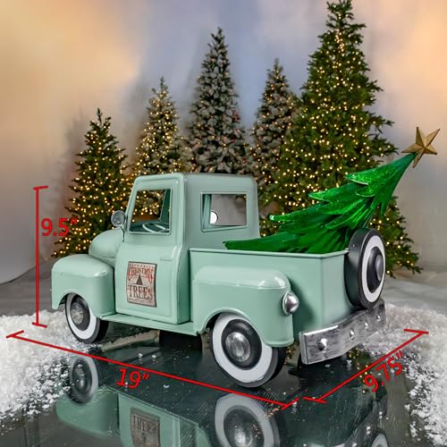 Image of Zaer Ltd. Metal 18.5 inch Long Multi-Seasonal Christmas and Harvest Pickup Truck with Metal Tree, Pumpkins, and Matching Side-Magnet Sets (Soft Green)
