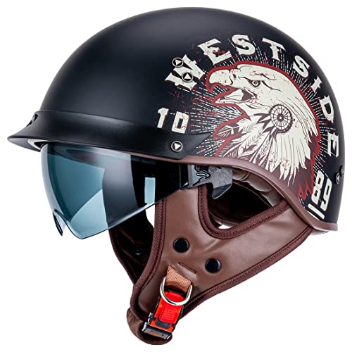 Myamis Half Helmet Motorcycle Men Women Adults Dot Approved Vintage Half Face Helmet With Additional Clear Visor And Ear Pads Mh107(M, West Side+Clear Visor+Ear Pads) #TOP1