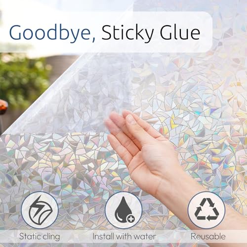 Image of rabbitgoo Rainbow Window Privacy Film, Stained Glass Cling, 23.6 inch x 78.5 inch | Decorative Static Sticker, Non-Adhesive Reusable Window Tint, Heat Control UV Blocking Coverings for Home Doors, Living Room