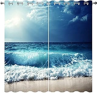 Beach Curtains - Ocean Theme Tropical Summer Hawaiian Blue Sea Waves Scenery Pattern Eyelet Thermal Insulated Blackout 3D Print Window Drapes for Bedroom Living Room 2 Panels W117cm x D229cm