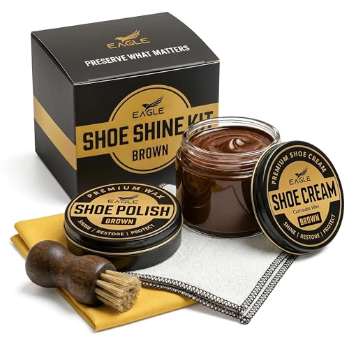 Eagle Shoe Shine Kit &ndash; 5-Piece Leather Shoe Polish & Cream Set with Brush & Cloths (Brown)