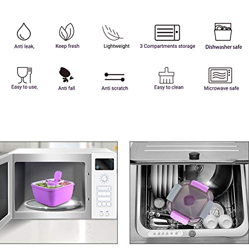 Freshmage Salad Lunch Container To Go, 52-Oz Salad Bowls With 3 Compartments, Salad Dressings Container For Salad Toppings, Snacks, Men, Women (Purple) #TOP4