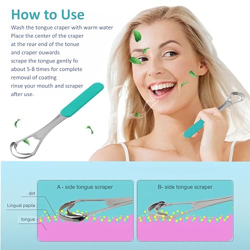 Image of 2 pcs spoon shap with silicon handle Tongue Scraper, 100% Useful Surgical Stainless Steel Tongue Cleaner for Both Adults and Kids, Professional Reduce Bad Breath Metal Tongue Scrapers, Help Your Oral Hygiene