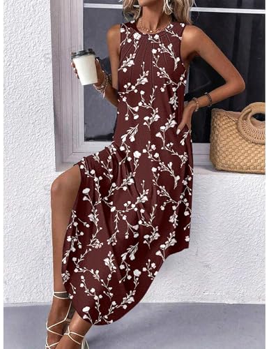 Image of Zeagoo Women Floral Summer Casual Beach Printed Tank Dress with Pockets Pleated Front Long Dress