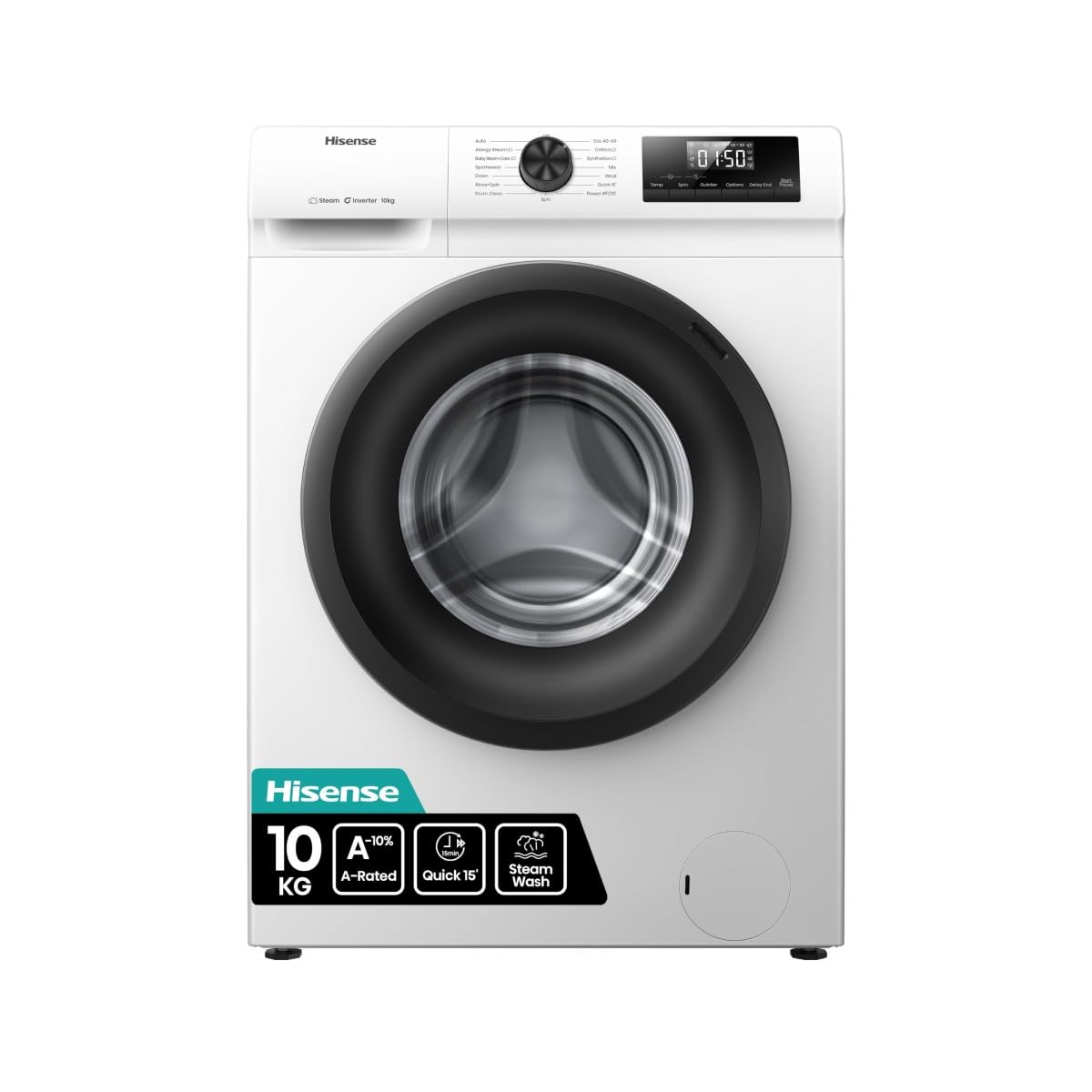 Hisense WF1Q1041BW - Lavatrice, classe A, 10 kg, 1400 giri/min, altezza 84,5 cm x larghezza 59,5 cm, colore bianco, funzione vapore 99,9%, lavaggio rapido +, lavaggio automatico, finitura differita,