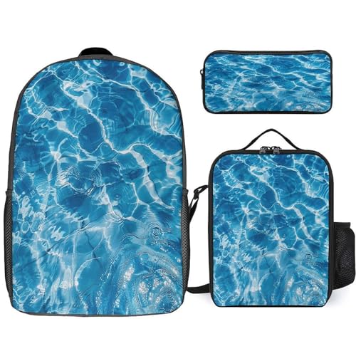 Printed Backpack With Lunch Pack Storage Box Case Blue Water Ripples 3pcs Lightweight Travel Backpack
