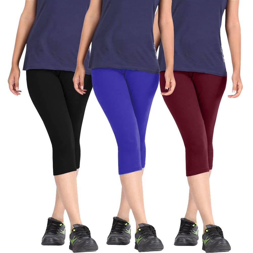 pixie fashion Biowashed Cotton Stretchable Capri Legging Combo Pack of 3 for Women/Girls/Ladies (Black, Blue and Maroon) - Free Size-picture-40