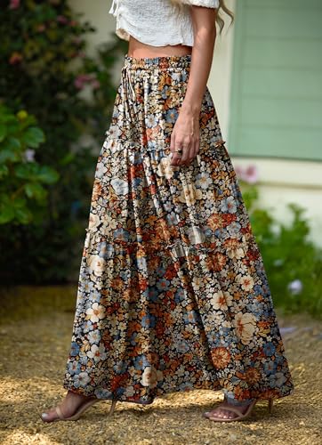 Image of Lepunuo Womens Casual Boho High Waisted Flowy Maxi Skirts Tiered Floral Long Skirts with Pockets for Summer Beach Vacation