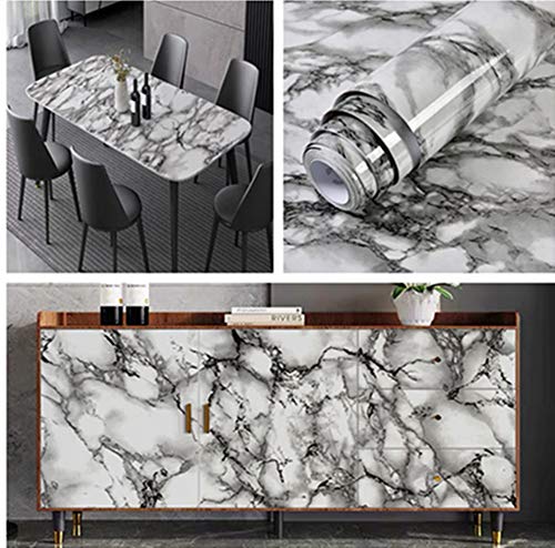 Image of Yancorp White Gray Wallpaper Marble Easily Removable Countertops Grey Wallpaper Film Self-Adhesive Wallpaper Peel and Stick Backsplash Vinyl Kitchen Shelf Liner (White Black, 16 inchx394 inch)