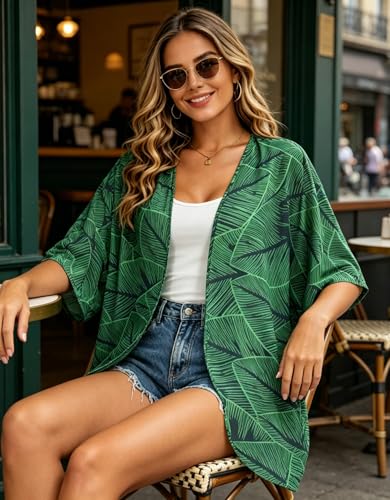 Image of FINOCEANS Womens Floral Chiffon Kimono Cardigans Loose Beach Cover Up Half Sleeve Tops