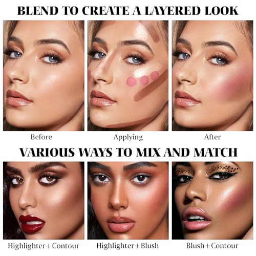 LSxia 3Pcs Cream Contour Kit - Cream Blush, Highlighter, Contour Bronzer for Cheeks, Waterproof Long Lasting Blendable, Contour Stick Trio for Face Makeup (#02, 05, 06)