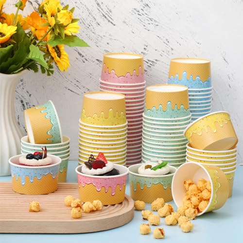 Image of 200 Pcs 8 oz Ice Cream Cups Paper Disposable Dessert Bowls Paper Ice Cream Sundae Bowls Bulk Dessert Cups Yogurt Snack Soup Containers for Cold or Hot Food Summer Birthday Party Supplies