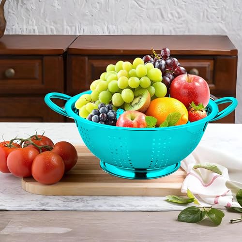 Image of Prabha Colander Stainless Steel Strainer Sieves, 3000ML, 24cm|Kitchen Strainer With Handle-Essential Kitchen | Colanders Bowl, Basket | Colander For Rice Straining Washing Fruits, Vegetables,Blue