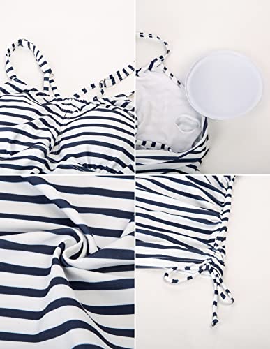 Maternity Cross Back Tankini Halter Neck Push Up Swimwear For Vacation Wear White Stripes Large #TOP4
