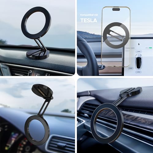 PORTENTUM Handyhalterung Auto für Magsafe – Faltbare Autohalterung mit 20x N52 Magnet und 360° Drehung – Für Armaturenbrett Büro oder andere Oberflächen - Schwarz