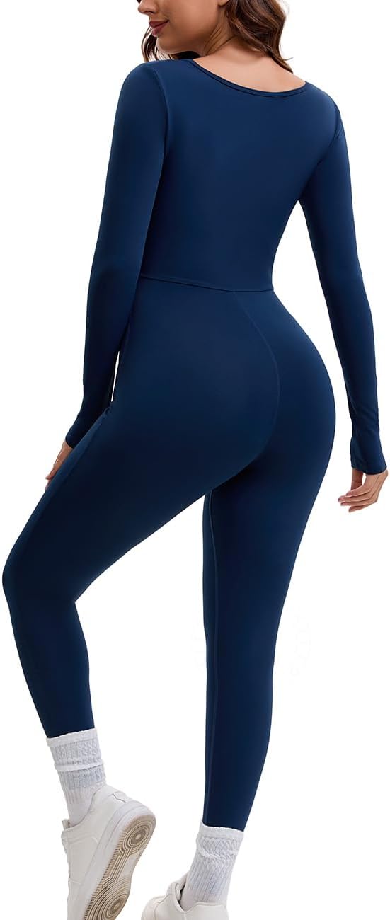 AEEZO Womens Fleece Lined Scoop Neck Long Sleeve Jumpsuit Thermal Sexy Tummy Control Ski Snow One Piece Bodycon Playsuit - Image 6