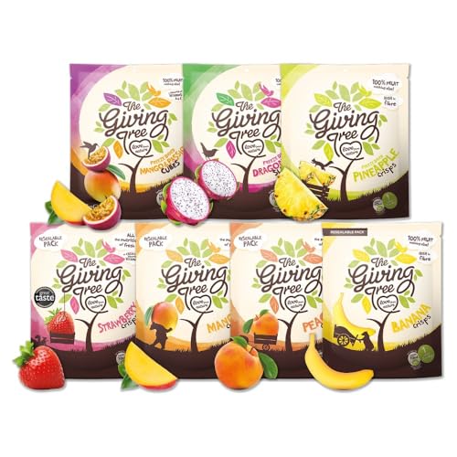 The Giving Tree Freeze Dried Fruit Crisps Variety Pack I Vegan, Gluten Free Nutritional Crisps I Strawberry, Mango, Peach, Banana, Mango & Passion, Dragon Fruit & Pineapple I 18g 1 or More of Each!