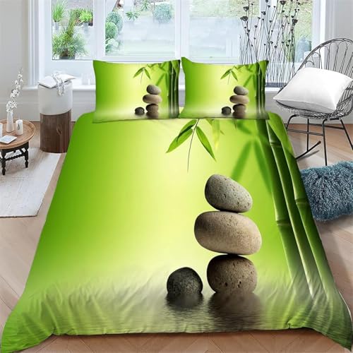 Housse de Couette 200x200 Bambou et Cailloux Parure de Lit 2 Personnes Méditation Zen 3D Imprimée Literie Set House Couette Microfibre pièces et 2 Taies...