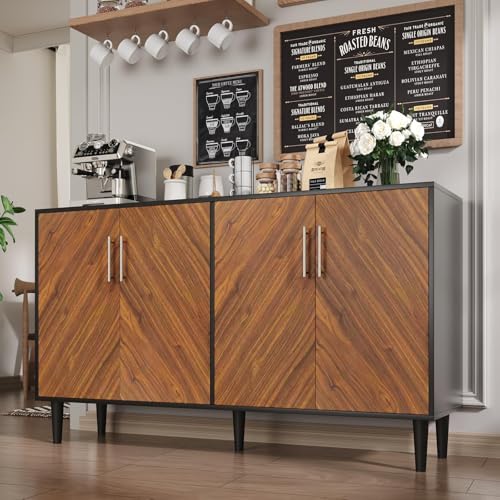 4 EVER WINNER Coffee Bar Cabinet with Storage, 58\" Sideboard Buffet Cabinet with 4 Doors & Adjustable Shelves, Black and Brown