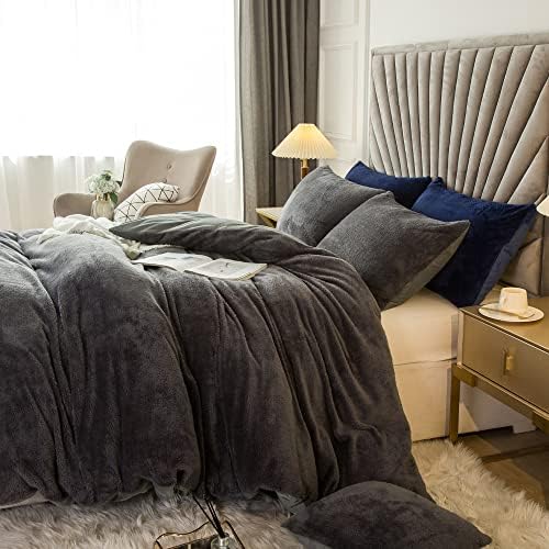 JSZS Luxury Angel Velvet Shaggy Duvet Cover Set Ultra Soft Fluffy Duvet Cover Queen Bedding Set 3 Pieces (1 Faux Fur Duvet Cover + 2 Faux Fur Pillow Shams, Dark Gray)