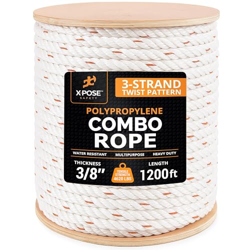 Image of Xpose Safety 3-Strand Twisted Poly-DAC (Poly Dacron) Combo Rope - 3 /8 inch x 1200′ - Heavy-Duty UV-Coated Safety Line for Commercial, Arborist, Marine, Towing, DIY Projects, Construction,Weather-Resistant