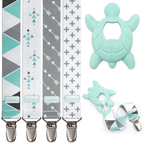 Pacifier Clip with Teething Toy - 4 Pack Pacifier Holder for Boys and Girls - Binky Clips- Universal Pacifier Clips Fits Most Pacifiers, Soothers, Teething Toys and Baby Gifts (Mint, Metal Clips)