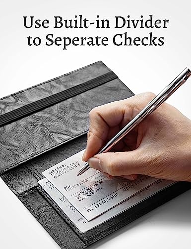 Image of Yarnic Checkbook Cover for Personal Checkbook Holder with Pen Holder | Check Book Covers & Built-in Clear Plastic Divider for Duplicate Checks (Black)