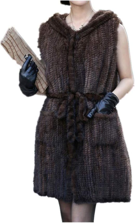 LVCOMEFF Women Genuine Knitted Mink Fur Long Vest with Hood with Belt
