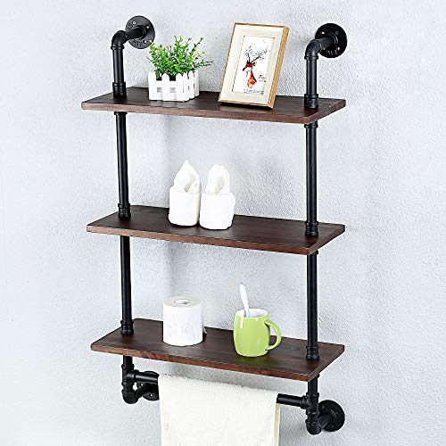 Bathroom Shelves Wall Mounted 24in,Industrial Pipe Shelving Towel Rack,Rustic Wood Shelf with Towel Bar,Farmhouse Metal Floating Shelves Towel Holder,Iron Distressed Shelf Over Toilet(3 Tier)