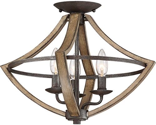 Quoizel Shire 3-Light Rustic Black Semi-Flush Mount Ceiling Light with Wood Accents, Farmhouse Style Ceiling Light for Foyer, Hallway, Bedroom, Living Room, or Home Office