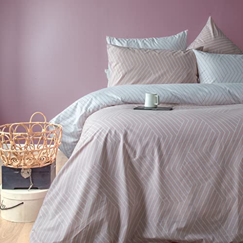 LERUUM Housse De Couette 140X200 Rose Poudré Réversible 100 % Coton à Rayures Parure De Lit (Oslo Blush,140 x 200 + 65 x 65 cm) Cover