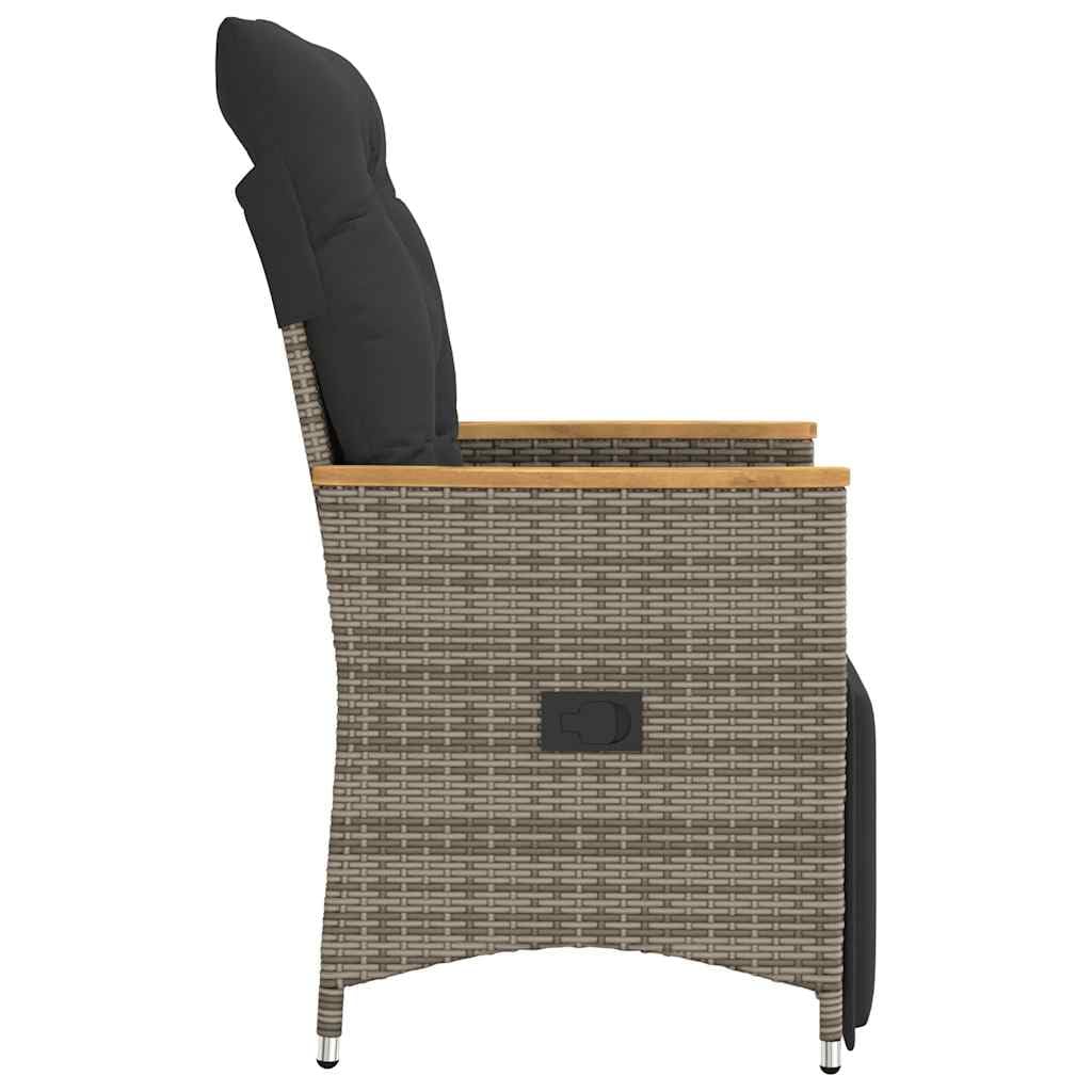 Sillón de jardín ajustable con cojín, 2 piezas, polirratán, color gris, para exteriores, con funda extraíble