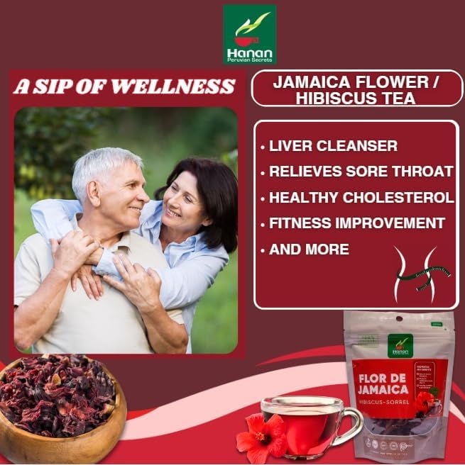 Miniatura 3 de HANAN PERUVIAN SECRETS Flores de Jamaica o té de hibisco 100% secas Hibiscus FlowersFlor de Jamaica - Promueve la salud del colesterol, limpieza del