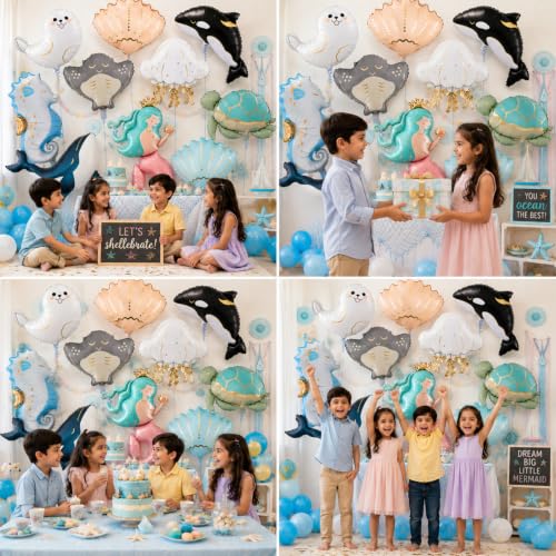 Image of Ocean Sea Animal Foil Balloons Set, 10 Pieces, Mermaid Theme