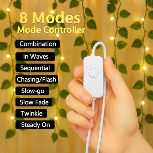 Image of Gesto Artificial Leaf Curtain LED String Lights - Warm White Fairy Lights with 8 Modes Controller, AC Plug for Home,Room,Wall,Birthday, Wedding & Diwali Decoration, Green Leaf Hanging Lights (10x3 Ft)
