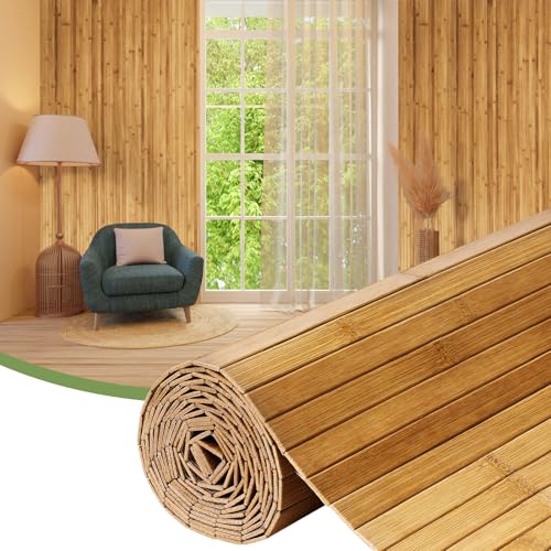 FAKILO Flexible Bamboo Wall Paneling 48x96 Pole Wrap for Basement Columns & Curved Walls Paintable Wood Slat Tambour Board for Kitchen Island Cabinet Refacing & DIY Headboards Natural Style