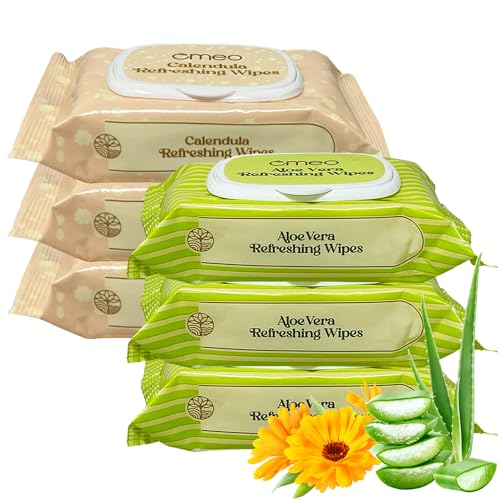 Image of Omeo Aloe Vera (Pack of 3) and Calendula (Pack of 3) Refreshing & Hydrating Wet Wipes, 25N in Each | Face Cleansing, Makeup Remover Wipes with Mint Oil & Vitamin E | Sulphate, Paraben & Alcohol Free - Women and Men