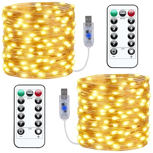 TheaPro 10m/33ft USB Fairy String Lights,100 LED Copper Wire Waterproof with Remote & Timer, 8 Modes Dimmable for Bedroom Christmas Party Indoor Outdoor Decorations（ 2 Pack ）