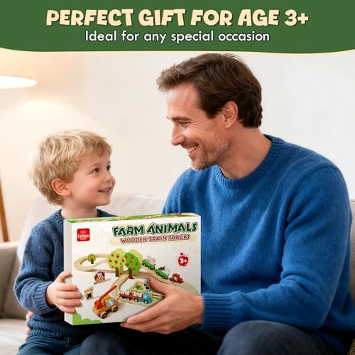 Image of Lehoo Castle Farm Wooden Train Set, Wooden Train Tracks Set for Kids