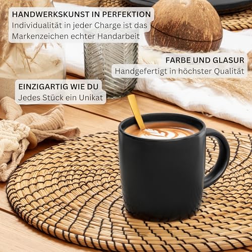 SÄNGER Madeira | Kombiservice 6 Personen, Teller Set matt Kaffeebecher Pastaschalen 30 tlg, Steingut Geschirr Set spülmaschinen- mikrowellen, Geschirrset aus Steingut schwarz | VALUE COLLECTION