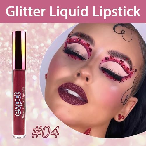 Image of evpct 1Pcs Dark Red Glitter Metallic Shimmer Diamond Lipstick Lip Gloss Stain Set for Women Long Lasting Waterproof, Hot Bright Red Sparkle Glitter Matte long wear Liquid Lipstick Lip Makeup Kit, 04#