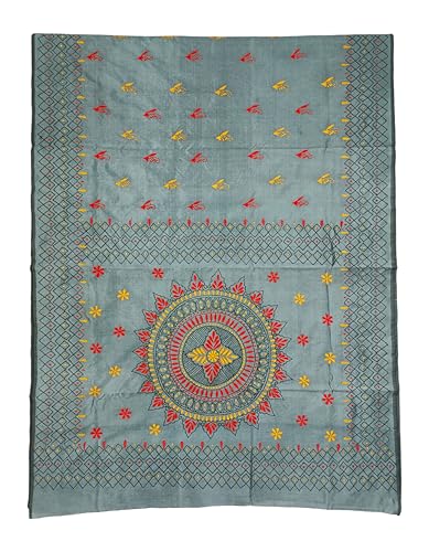 Image of SHRISTI CLOTHINGS Women's Hand Embroidered Cotton Silk Kantha Stitch Saree with Blouse Piece (SB4200924 GREYD47)