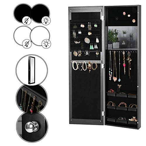 MIADOMODO Armoire à Bijoux avec Miroir - Murale ou Accrochée à la Porte, 36 x 120 x 9.5 cm, en Blanc ou Noir, avec ou sans LED - Organiseur, Rangement avec Miroir (Noir sans LED)
