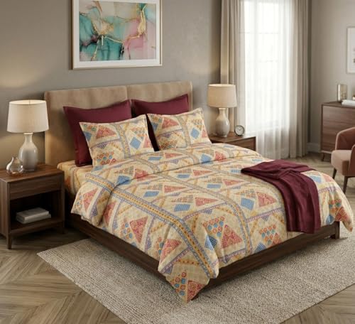 Image of FRESH FROM LOOM Cotton King Size Bedsheet 108x108 Super King, 100% Pure Cotton Bed Sheet with 2 Pillow Covers, 240 TC Soft Breathable | Perfect for Home Decor, YellowRed, Size- 108x108 inch