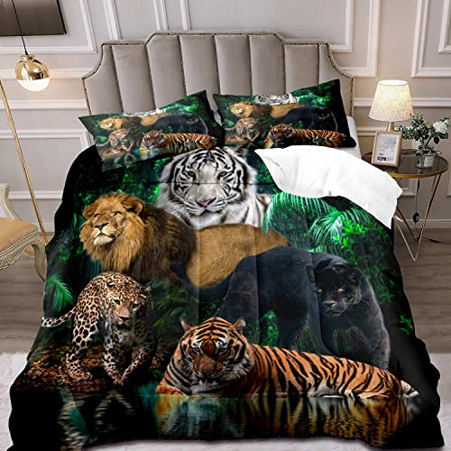 LUVIVIHOME 3PCS White Tiger Black Panther Lion Comforter Set Queen Size, Safari Animal Bedding Sets, Jungle African Wild Animal Bedroom Decor for Men Boys Gifts for Boyfriend Husband, 2 Pillow Shams