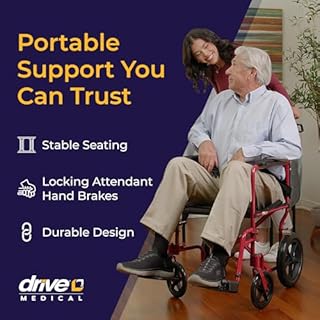 Drive Medical Lightweight Expedition Folding Transport Wheelchair - Ultra Lightweight Mobility Support for Seniors & Adults - Strong Aluminum Frame - Hand Brakes - Compact Folding Travel Chair - Red