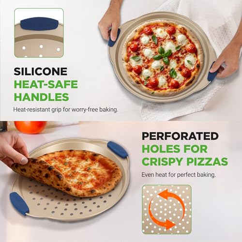 Image of NutriChef 3-Piece Pizza Tray Set with Silicone Handles - Round Nonstick Pizza Pan with Perforated Holes, Durable Carbon Steel, Small, Medium, Large Sizes - Ideal for Crispy, Evenly Baked Pizzas (Gold)