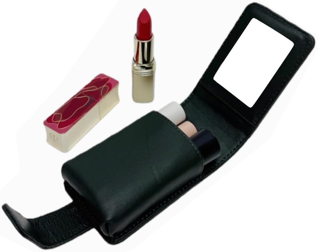 AgentMoon Handheld Lipstick Pouch with Mirror,Genuine Leather Lip Balm Case with Clamshell Magnetic Hidden Clasp and Hook for Chain.Portable Travel Cosmetic Case for Women Gift. (Dark Green Woven)