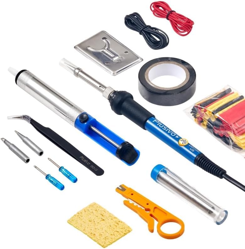 Plusivo Kit de fer à souder électronique 60 W à température réglable, fil à souder, pince à dénuder, pompe à dessouder, pinces, pointes à souder,...