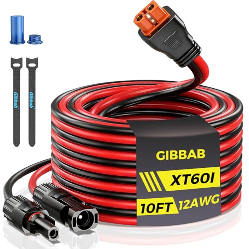 10FT 12AWG Solar to XT60i Gibbab 3 6 10 16 20 25FT Solar Panel Connector to XT60i-F Adapter Extension Charging Cable with Caps & Wire Ties for LiFePO4 Battery RV Portable Power Station Generator